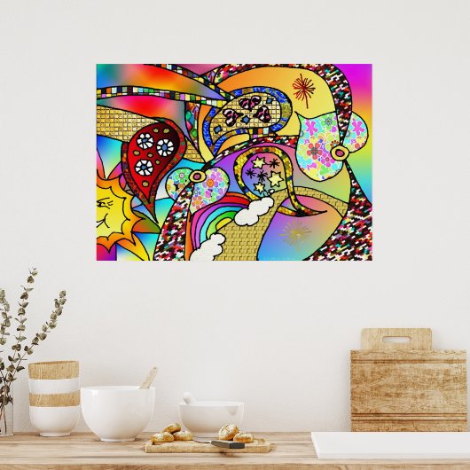 Retro 60s Psychedelic Hearts Paisley Print Poster (Keuken)