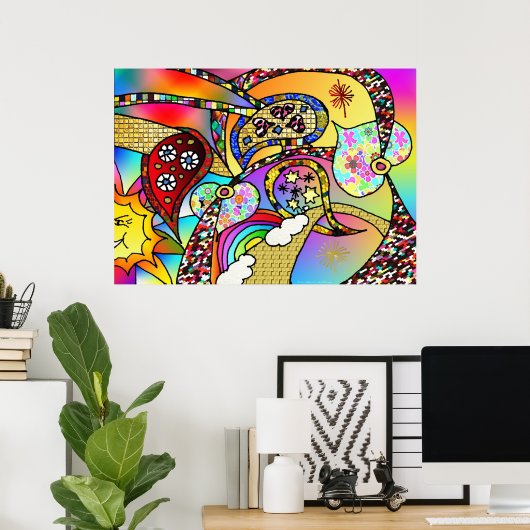Retro 60s Psychedelic Hearts Paisley Print Poster (Thuiskantoor)