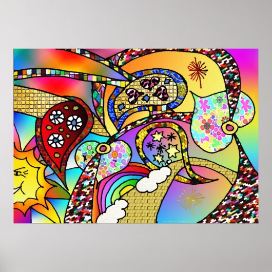 Retro 60s Psychedelic Hearts Paisley Print Poster (Voorkant)