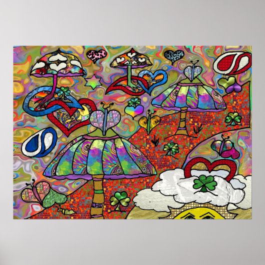 Retro 60s Psychedelic Magic Mushrooms Print Poster (Voorkant)