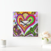 Retro 60s Psychedelic Rainbow Heart Clock Vierkante Klok (Huis)
