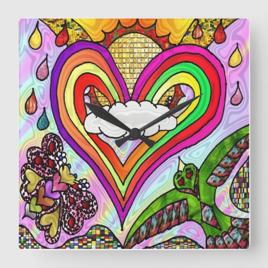 Retro 60s Psychedelic Rainbow Heart Clock Vierkante Klok (Voorkant)