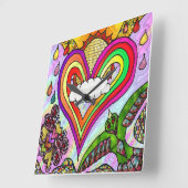 Retro 60s Psychedelic Rainbow Heart Clock Vierkante Klok (Hoek)