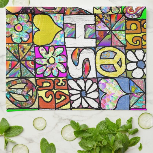 Retro 60s Psychedelic Shalom LOVE Theedoek (Gevouwen)