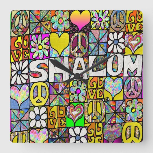 Retro 60s Psychedelic Shalom LOVE Vierkante Klok (Voorkant)