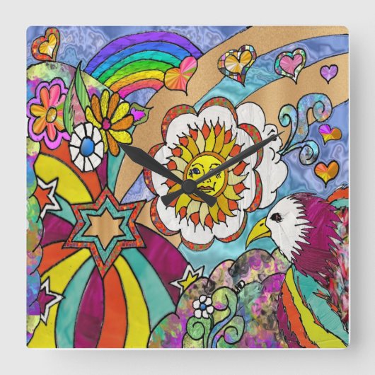 Retro 60s Psychedelic Sunshine Eagle Clock Vierkante Klok (Voorkant)