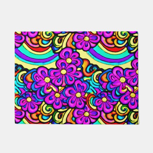 Retro 60s Psychedelische Bloemen Regenboog Patroon Deurmat (Voorkant)
