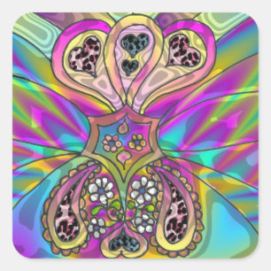 Retro 60s Psychedelische Hartjes Bloemen Cadeaus K Vierkante Sticker