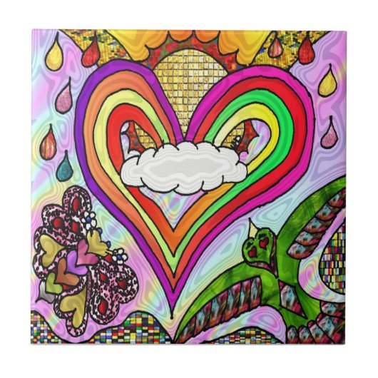 Retro 60s Psychedelische Rainbow Heart Tegel Tegeltje (Voorkant)
