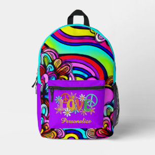 Retro 60s Psychedelische Regenboog Bloemen met Lie Bedrukte Rugzak