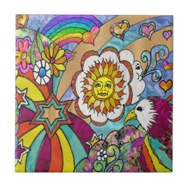Retro 60s Psychedelische Zonneschijn Adelaar Keram Tegeltje