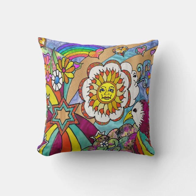 Retro 60s Psychedelische Zonneschijn Arend Worpkus Kussen (Voorkant)