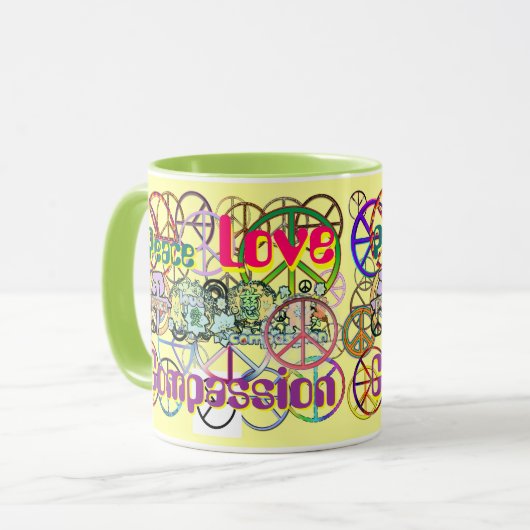 Retro 60's Vrede Signs GalorePeace Love Compassion Mok (Voorkant links)
