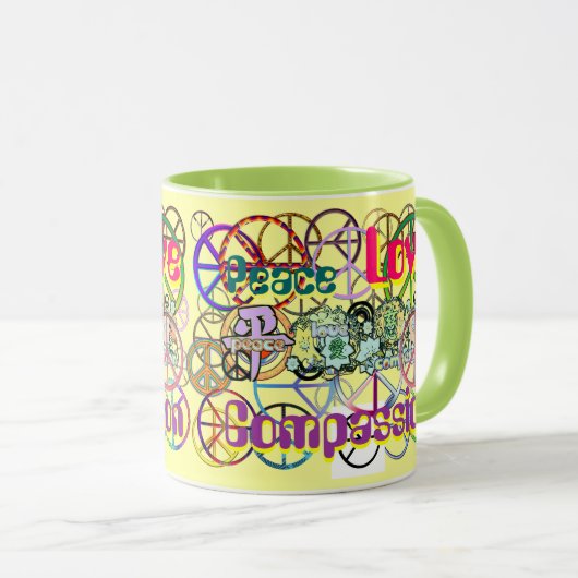 Retro 60's Vrede Signs GalorePeace Love Compassion Mok (Voorkant rechts)