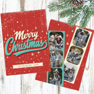 Retro 6 Foto Prettig Kerstmis Familiekaart Kaart