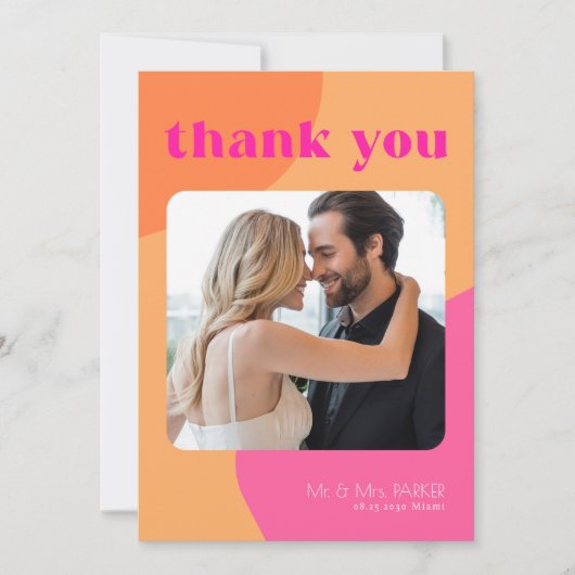 Retro 6 foto's oranje roze bruiloft bedankje kaart (Voorkant)