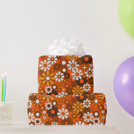 Retro 70er jaren Boho Bloemmotief Bruin Oranje Cad Cadeaupapier