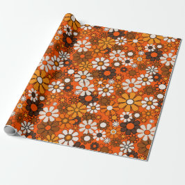 Retro 70er jaren Boho Bloemmotief Bruin Oranje Cad Cadeaupapier