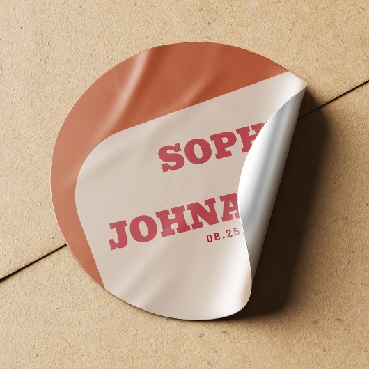 Retro 70er jaren groovy oranje rood huwelijk ronde sticker