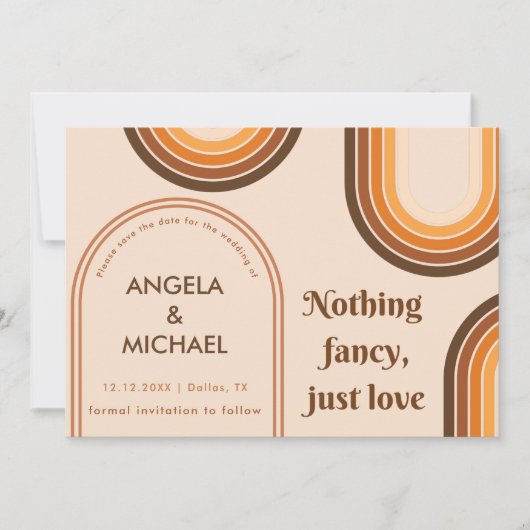 Retro 70er Regenbogen Minimalistische Bruine Boog  Save The Date (Voorkant)