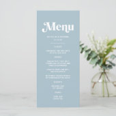 Retro 70er stoffige blauwe trouwfeest menu (Staand voorkant)
