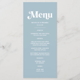 Retro 70er stoffige blauwe trouwfeest menu