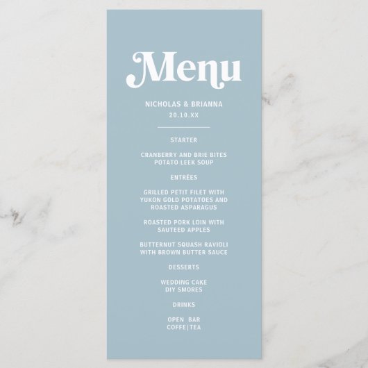 Retro 70er stoffige blauwe trouwfeest menu (Voorkant)