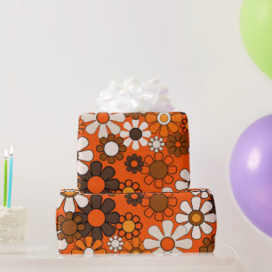 Retro 70er Verjaardag Boho Bloemig Bruin Oranje Cadeaupapier
