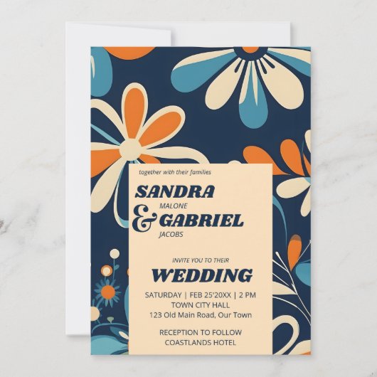 Retro 70ies blauwgroen madeliefjes bruiloft alles  kaart (Voorkant)