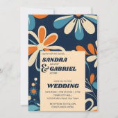 Retro 70ies blauwgroen madeliefjes bruiloft sjablo kaart (Voorkant)