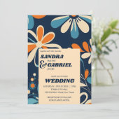 Retro 70ies blauwgroen madeliefjes bruiloft sjablo kaart (Staand voorkant)