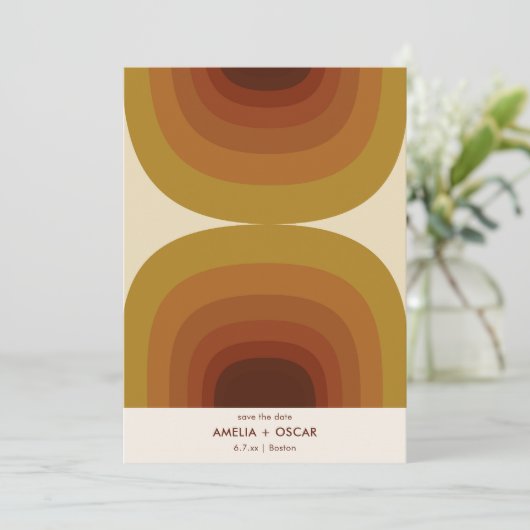 Retro 70s Abstracte Bogen Roest Terracotta Mosterd Save The Date (Staand voorkant)