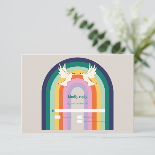 Retro 70s Arch Rainbow Dove RSVP Kaartje (Staand voorkant)