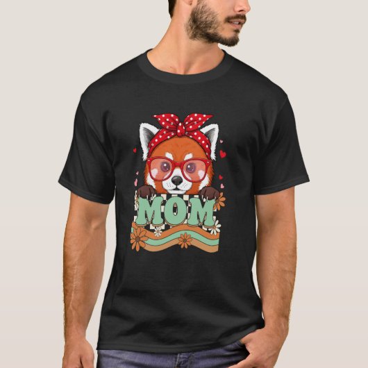 Retro 70s Bloem Rood Panda Moeder Oma Moederdag T-shirt (Voorkant)