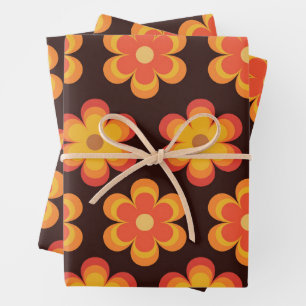 Retro 70s Bloemen in Oranje geel rood Inpakpapier Vel