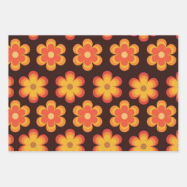 Retro 70s Bloemen in Oranje geel rood Inpakpapier Vel