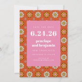 Retro 70s Bloemen Krachtig Oranje Roze Foto Huweli Save The Date (Voorkant)