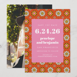 Retro 70s Bloemen Krachtig Oranje Roze Foto Huweli Save The Date