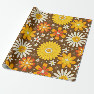 Retro 70s Bloemen met Atoomsterren op Bruin Cadeaupapier