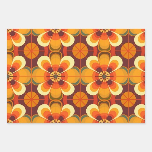 Retro 70s Bloemen Sinaasappel en Bourgogne Inpakpapier Vel (Voorkant)
