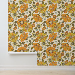 Retro 70s Bloemen Sinaasappel Gouden Patroon Behang