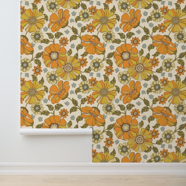 Retro 70s Bloemen Sinaasappel Gouden Patroon Behang (Applicatie)