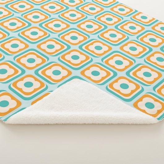 Retro 70s Bloemenpleinen, Aqua, Sinaasappel, Blauw Sherpa Deken (3/4)