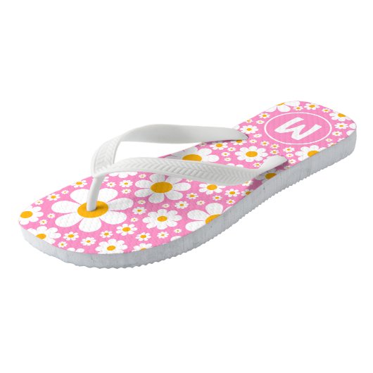 Retro 70s Bloemenroze Monogram Teenslippers (Schuin)