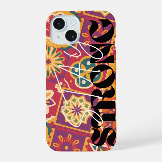 Retro 70s bloemige patchwork Blijf sterkOmarm vib iPhone 15 Case (Achterkant)