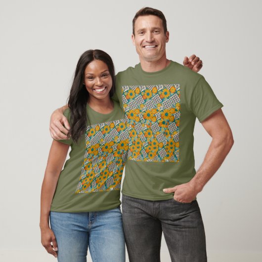 Retro 70s bloemige patchworkpatroon t-shirt (Unisex)