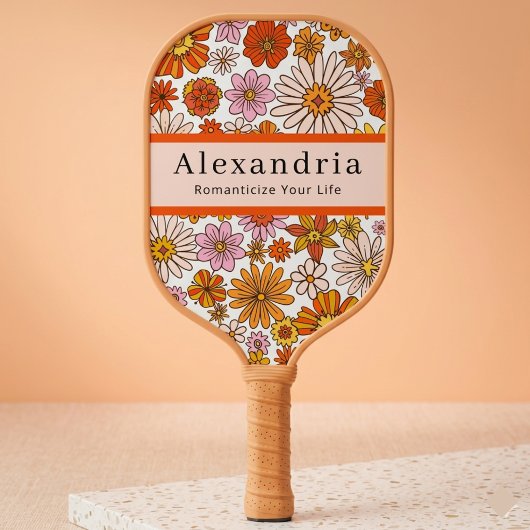 Retro 70s Bloemmotief Aangepaste Naam Pickleball Paddle