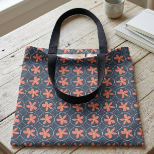Retro 70s bloemmotief navyblauwe en roze geometris tote bag