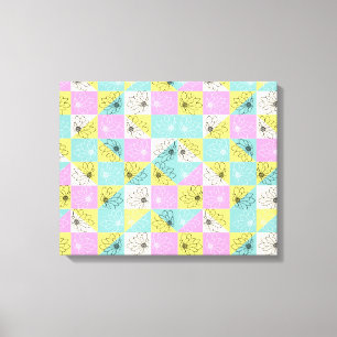 Retro 70s bloemmotief pastel roze en turquoise sch canvas afdruk