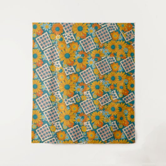 Retro 70s bloemmotief patchworkpatroon wandkleed (Voorkant)